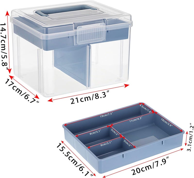 BTSKY 2 Layer Clear Plastic Dividing Storage Box with Removable Tray Multipurpose Stationery Storage Box with Handle Portable Sewing Box Art Craft Supply Organizer Home Utility Box (Small Blue) - Image 4